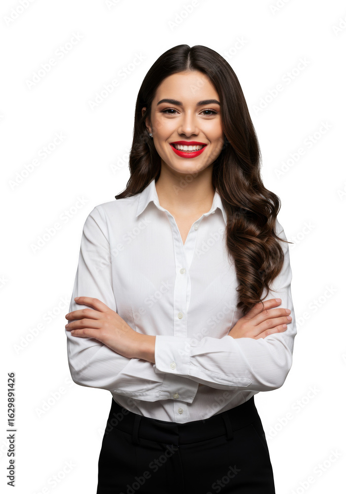 Smiling young woman in a white shirt with arms crossed isolated on transparent background Smiling young woman in a white shirt with arms crossed isolated on transparent background