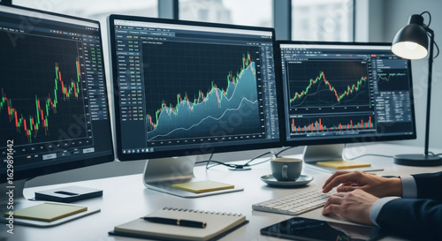 Trader analyzing stock market trends on multiple monitors in a bright office