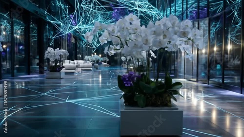 Modern lobby with futuristic lighting and floral arrangements in a high-tech environment