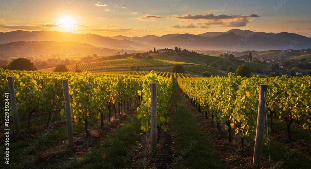 Fototapeta premium Vineyard landscape sunset italy tuscany wine grapes agriculture rural scenic hills travel destination golden hour 100