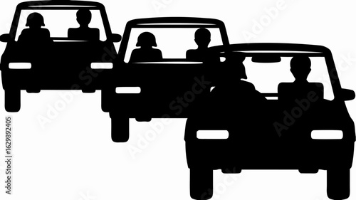 Three black cars with drivers and passengers are lined up in a row on a white background image view | editable eps vectors silhouette