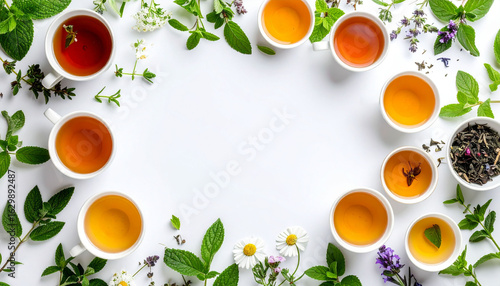 a delightful arrangement of six tea cups with handles facing outward, each filled with amber colored tea leaves that are visible through the transparent cups