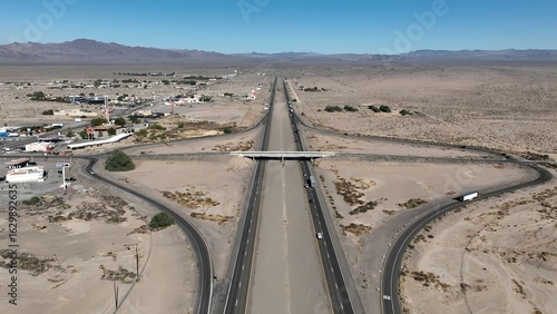 Desert Road In San Bernardino California United States. Stunning Landscape Of Highway Road Viewed From Above. Countryside Sky Clouds Rural Field. Countryside Rural Panning Wide.