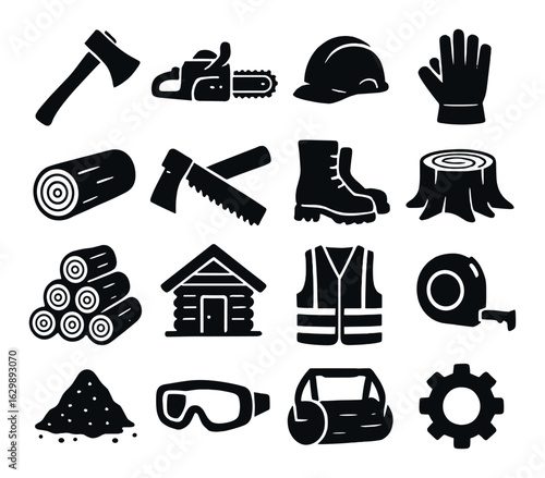 Forestry equipment icons: axe, chainsaw, helmet, gloves, boots, safety gear, logs