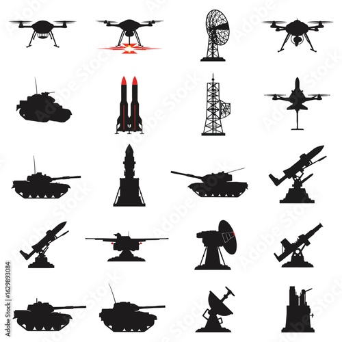 Military Technology and Defense Systems Silhouettes for Security and National Protection