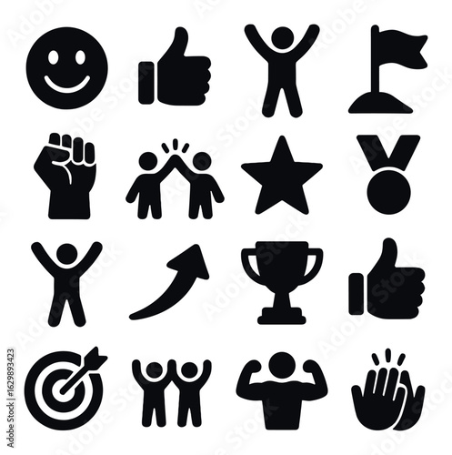 Positive icons collection: smiley, thumbs up, trophy, people celebrating, fist