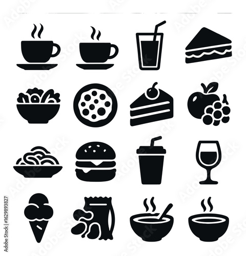 Vector icons of various foods and beverages including coffee, pizza, cake, and fruit