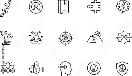 Focus resilience and mental strength icons with brain shield maze and lotus