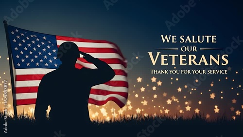 Solemn tribute to veterans with waving American flag and saluting silhouette, a dynamic video backdrop for patriotic holidays and remembrance events