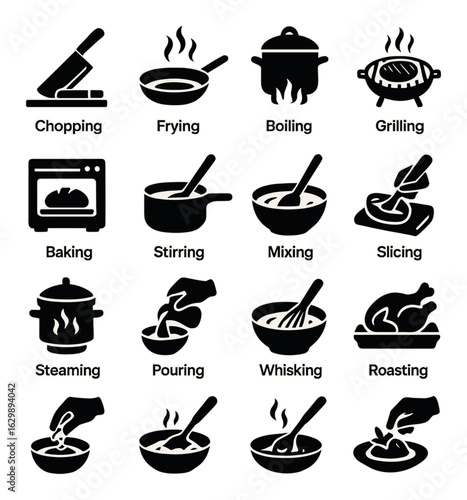 Collection of cooking icons: chopping, frying, boiling, grilling, baking, and more
