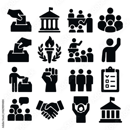 Political icons set: voting, justice, leadership, democracy, civic engagement