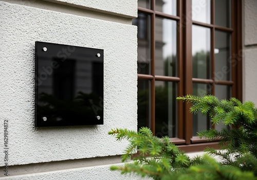 Modern black glass address plate mounted on a textured exterior wall next to a brown framed window and green tree branches