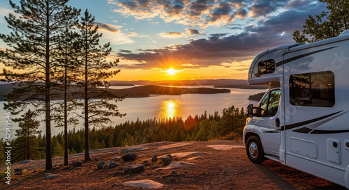 Serene campervan vacation on a hilltop overlooking lake at scenic sunset. Campervan vacation trip promises a relaxed atmosphere, scenic landscapes, and opportunities for outdoor recreation, freedom,