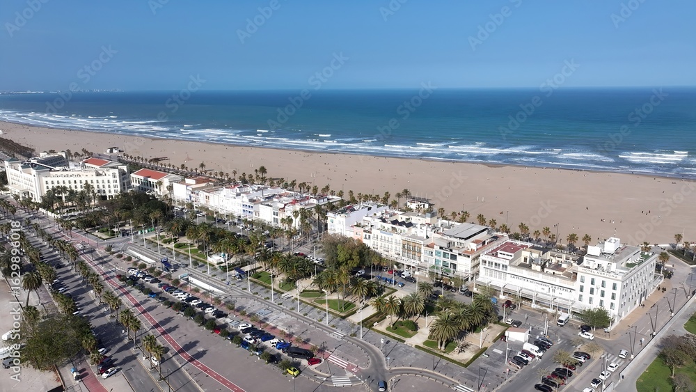 Obraz premium Las Arenas Beach In Valencia Spain. Bird Eye View Of A Amazing Coastal Beach In The Summer Holiday. Town Sky Backgrounds Urban. Outside Backgrounds Up Above. Valencia Spain.