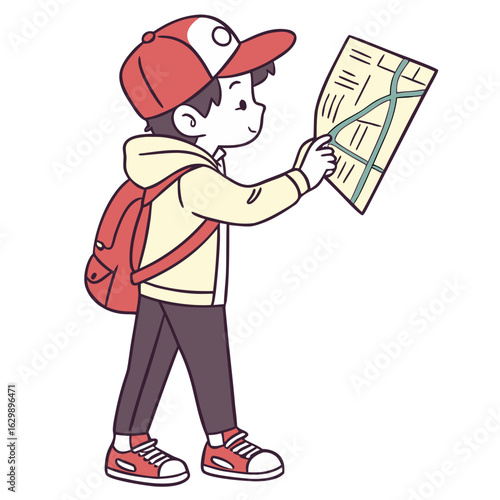 Cute Boy Checking Foreign Subway Map in Station Illustration.Perfect for: City Tourism, Travel Guides, Urban Exploration