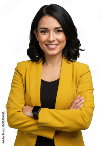 Smiling woman in yellow blazer with arms crossed isolated on transparent background