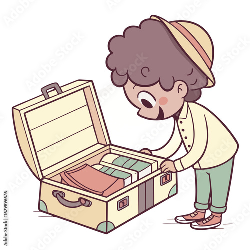 Cute Boy Unpacking Suitcase in Cozy Hotel Room Illustration.Perfect for: Family Trips, City Holidays, Staycations