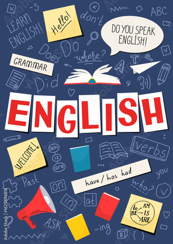 English. English language hand drawn doodles, lettering and stickers. 