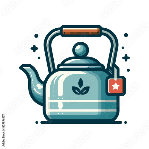 Flat vector illustration of a stylized tea kettle with a teabag tag and leaf icon. Perfect for food, drink, kitchenware, wellness, or cafe-related websites and blogs.