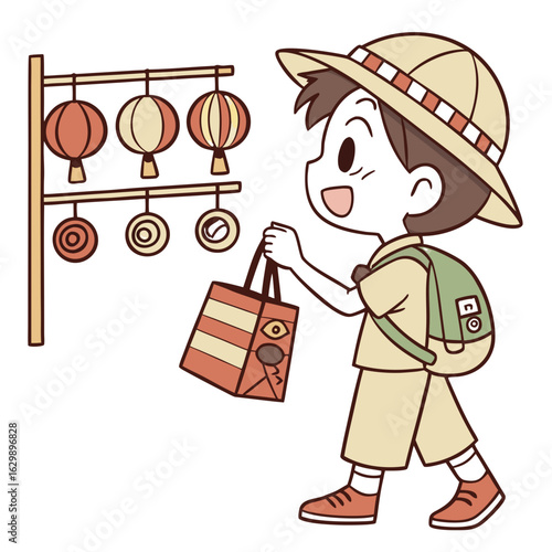 Cute Boy Shopping Souvenirs in a Foreign Street Market.Perfect for: Holiday Season, Travel Gift Guides, Cultural Tourism