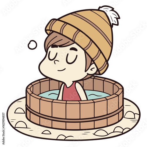 Cute Boy in Beanie Soaking in Iceland Hot Spring.Perfect for: Winter Solstice, Wellness Retreats, Iceland Travel