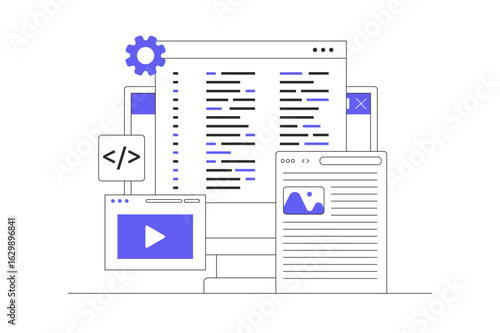 Testing web design user interface prototypes on local servers. Website development, coding on computer screen, and programming. Flat Cartoon Vector Illustration, icon Stylish abstract design landing 
