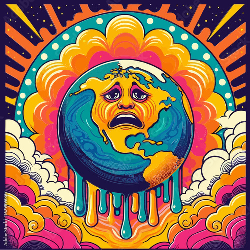 A surrealist psychedelic illustration of the Earth with a sad, crying face. This image is suitable for websites and blogs related to climate change, environmental issues, or global warming.

