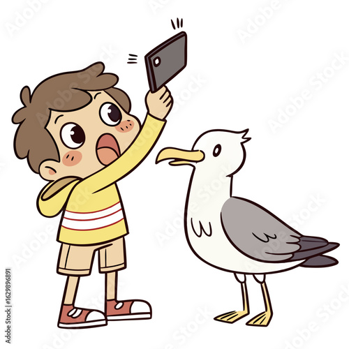 Surprised Boy Taking Selfie with Seagull Illustration.Perfect for: Beach Holidays, Funny Travel Moments, Summer Memories