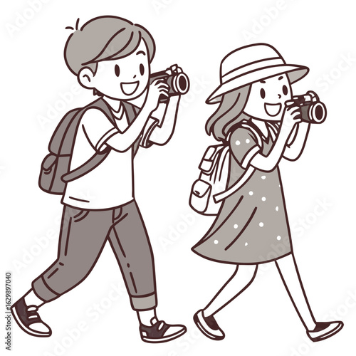 Cute Traveling Couple Holding Hands and Taking Photos.Perfect for: Valentine’s Day, Honeymoon Destinations, Romantic Getaways