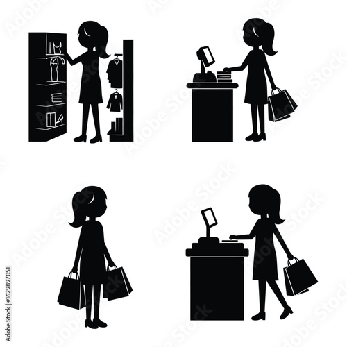 Shopping Woman Silhouette in Store Browsing Paying and Leaving with Bags