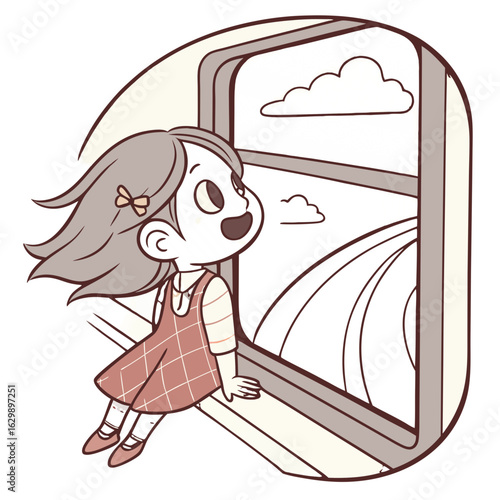 Girl Sitting by Train Window Enjoying Scenic View.Perfect for: Solo Travel Campaigns, Train Travel Week, Scenic Getaways