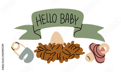 postcard related to a newborn. Hello baby on ribbon, nest with an egg next to blue pin and pink pacifier. A flat color illustration. The joy of a newborn and the uncertainty of the baby's gender.