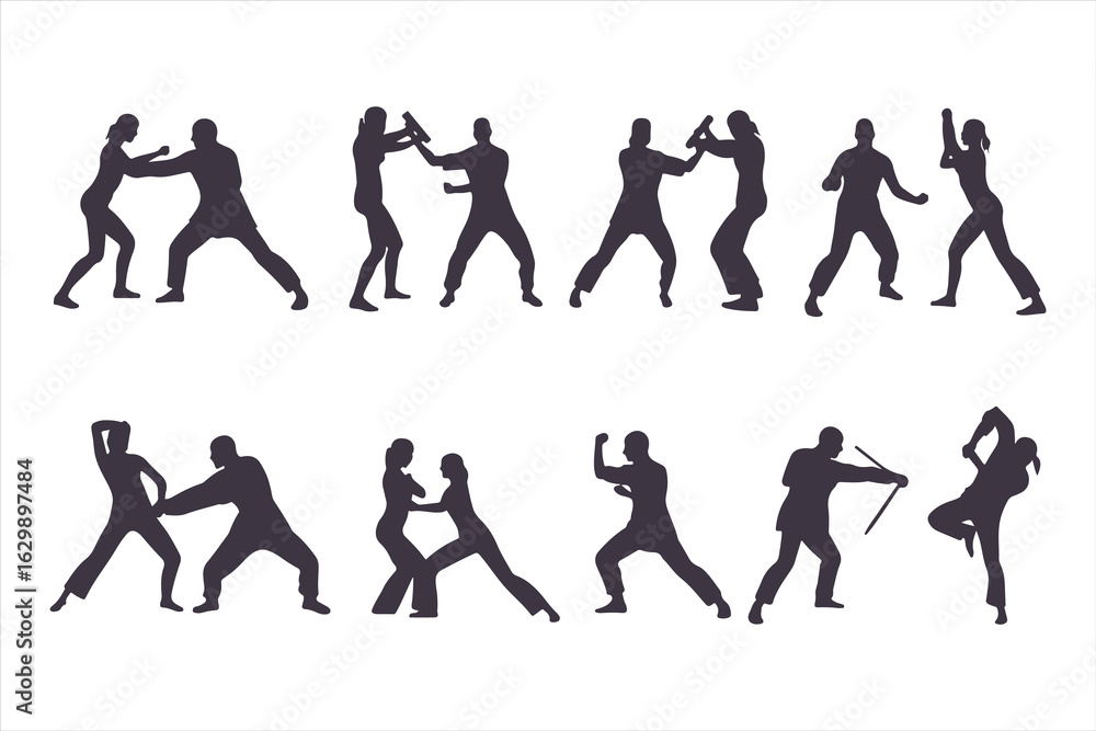 Obraz premium Set of man and woman fighting silhouettes. Martial arts and self-defense combat icons for a training manual, poster, or security concept.