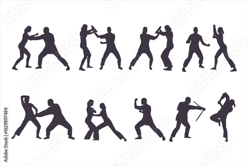 Set of man and woman fighting silhouettes. Martial arts and self-defense combat icons for a training manual, poster, or security concept.