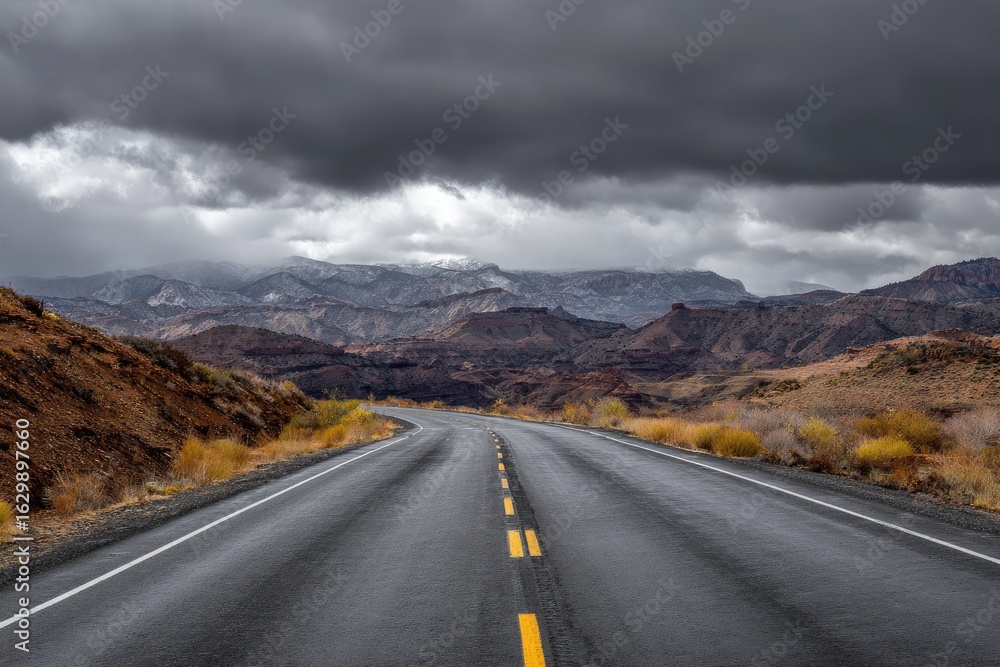 Naklejka premium Empty highway winds through a rugged, autumnal landscape under a stormy sky