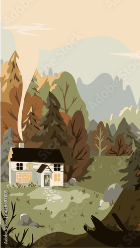 Illustration of a house with smoke coming from the chimney surrounded by trees and mountains in the distance