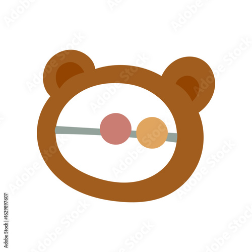 Wooden Montessori rattle in shape of a bear's head with beads. Flat colored isolated illustration. Wooden elements for youngest children to play with. Cute children's toys. Product child development