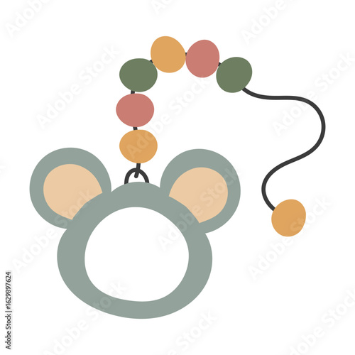 Wooden Montessori rattle in the shape of mouse head with beads on rope. Flat colored isolated illustration. Wooden elements for the youngest children to play with. Cute illustration of children's toys