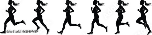 Female runner silhouettes, jogging in motion, athletic woman exercising, fitness activity concept, workout pose collection,.eps