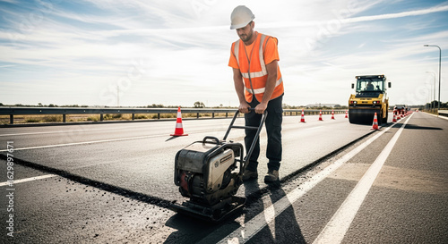 Road construction on a sunny day featuring asphalt compaction, compacting fresh tarmac. Road construction employee uses compaction machine for efficient work, compacting asphalt on highway roadworks.