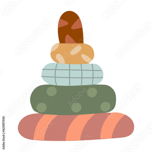 Children's toy Wooden pyramid with texture. Flat color isolated illustration. Toy for babies, develops fine motor skills. Cute illustration of children's toys. Product for child development