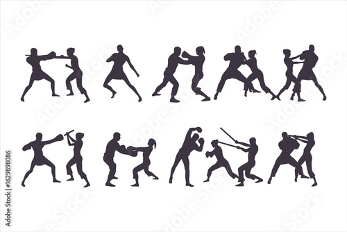 Set of man and woman fighting silhouettes. Martial arts and self-defense combat icons for a training manual, poster, or security concept.