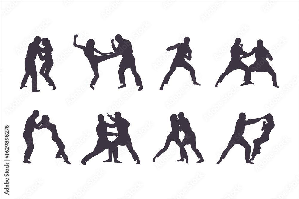 Obraz premium Set of man and woman fighting silhouettes. Martial arts and self-defense combat icons for a training manual, poster, or security concept.