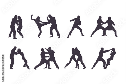 Set of man and woman fighting silhouettes. Martial arts and self-defense combat icons for a training manual, poster, or security concept.