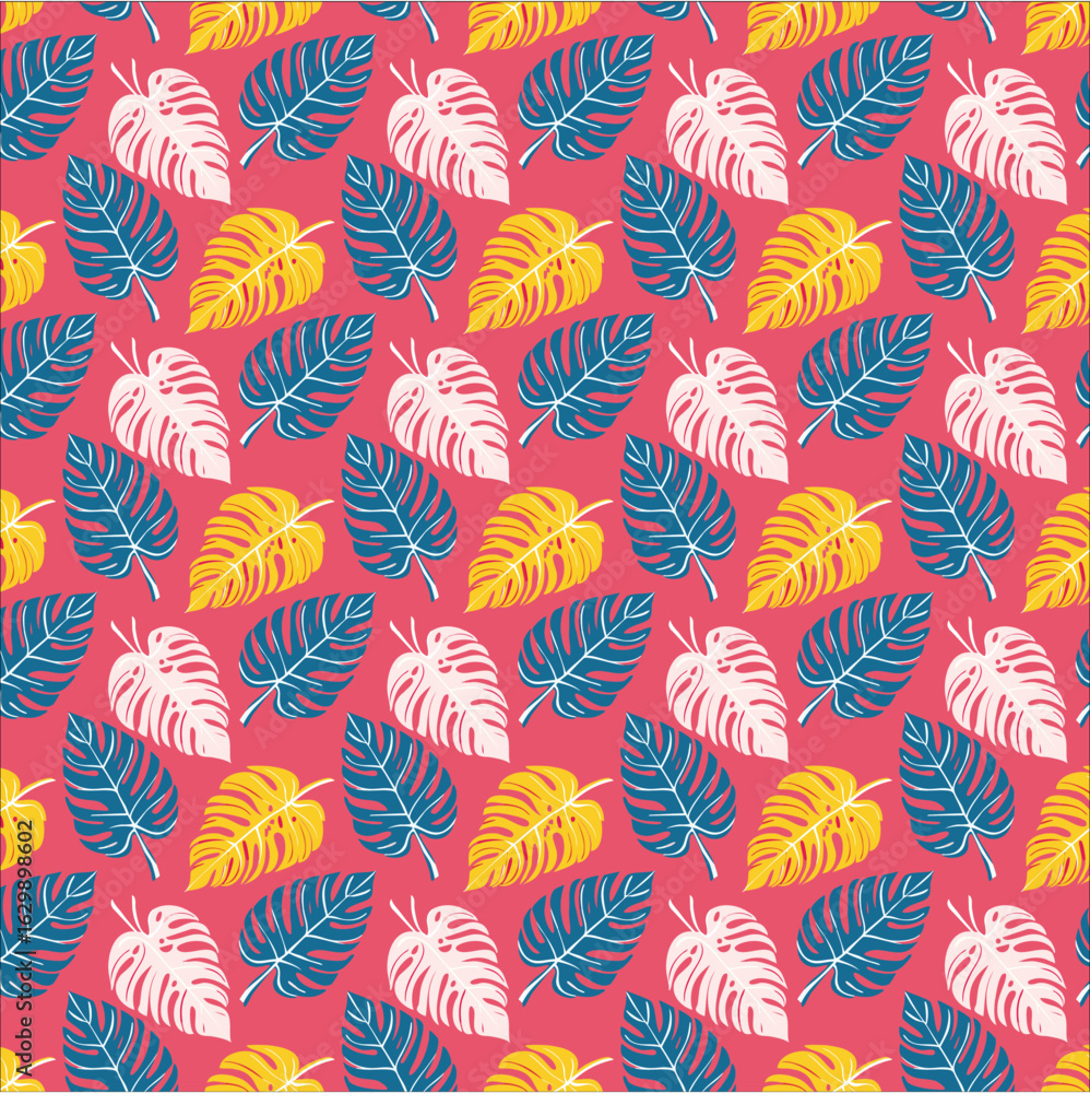 Fototapeta premium pattern of colorful, tropical leaves illustrated on a hot pink background
