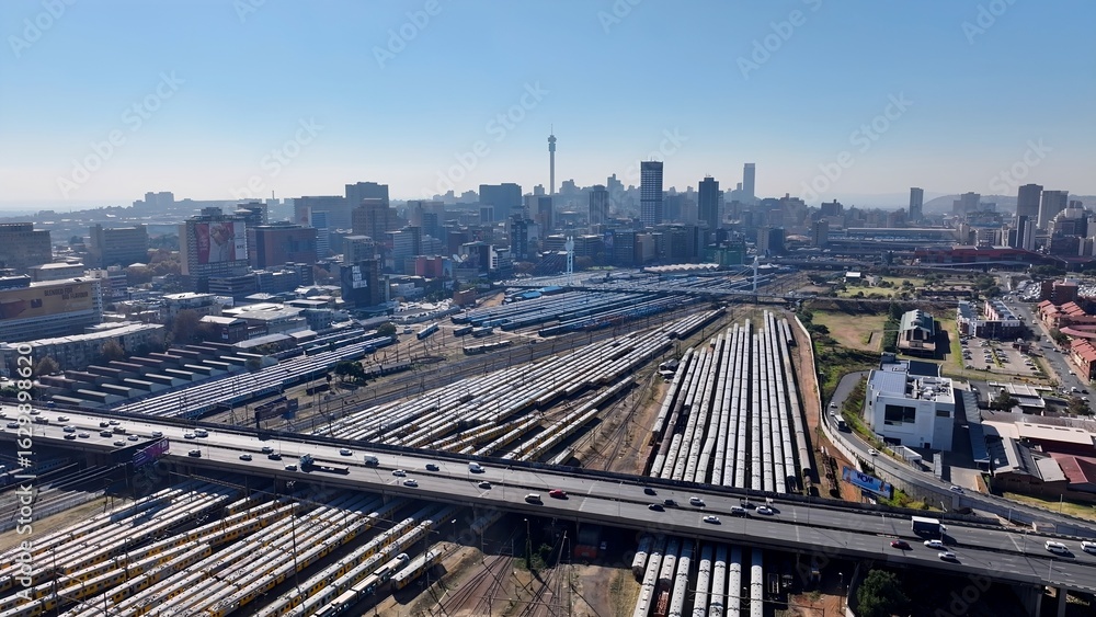 Fototapeta premium Johannesburg Skyline In Johannesburg Gauteng South Africa. Aerial View Of A High-Rise Buildings And Traffic Showcasing Urban Life. Infrastructure Landscape Company Building Stunning.