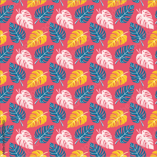 pattern of colorful, tropical leaves illustrated on a hot pink background