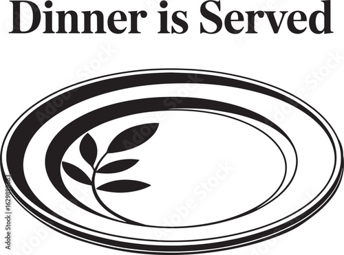 Dinner is Served Text with Oval Plate and Leafy Branch Silhouette Vector Illustration