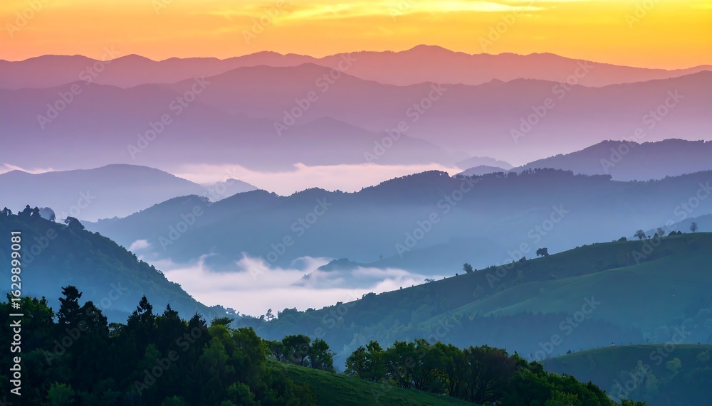 Obraz premium Misty Mountain Layers at Sunrise: A Gradient of Blues, Purples, and Golden Light