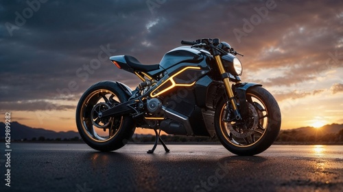 A powerful electric motorcycle with glowing orange accents and a unique design stands on a rain-slicked road at sunset with mountains in the background